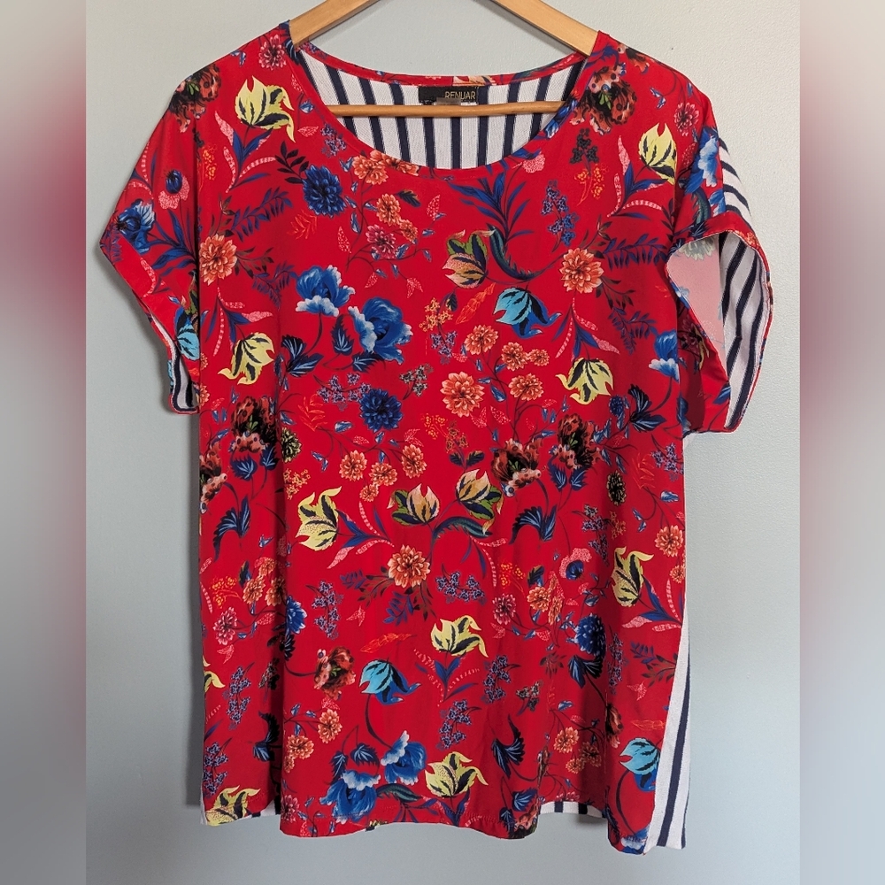Renuar Vibrant Floral Short Sleeve Blouse Women's XL